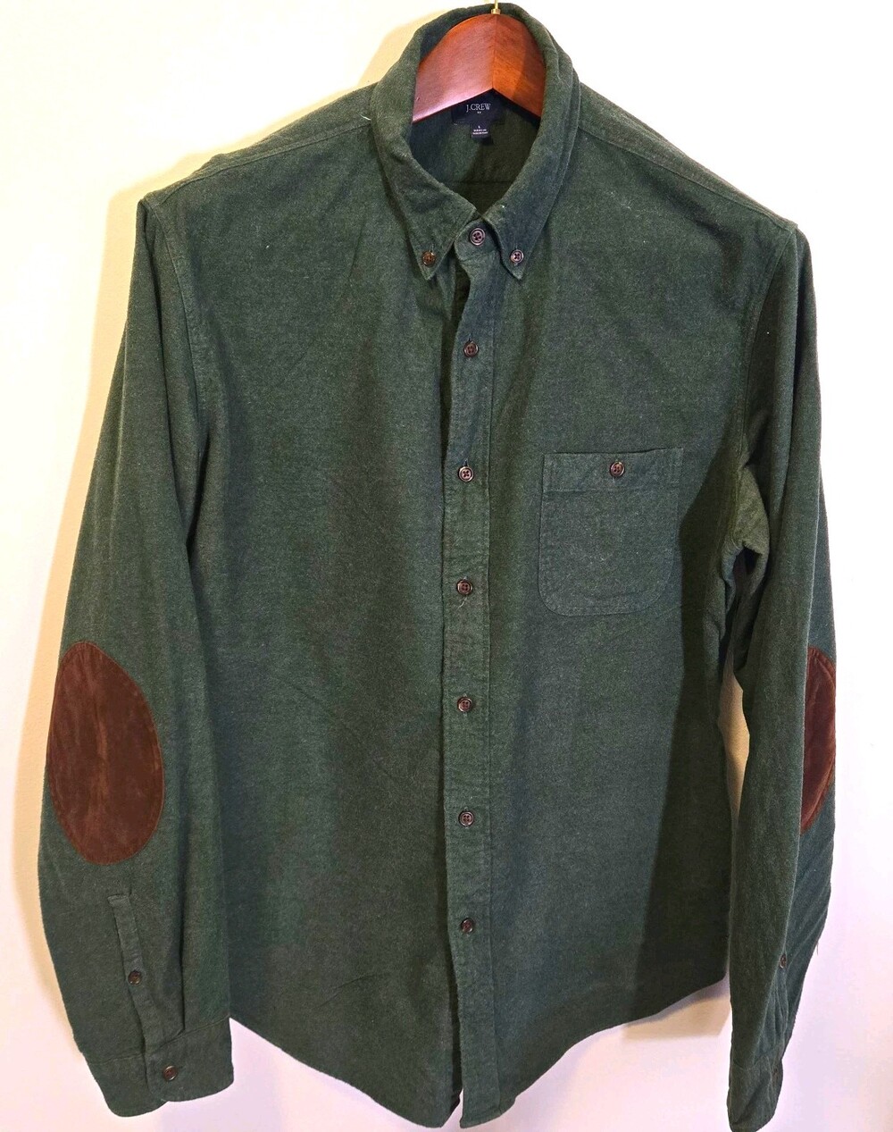 J.Crew Men's Large Green Brushed Flannel Shirt Brown Elbow Patches Button Down
